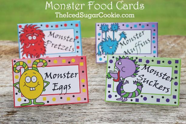 Monster Birthday Party Food Label Tent Cards-Monster Eggs, Monster Suckers, Monster Muffins, Monster Pretzels Cutout Template