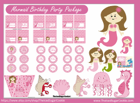 Pink Mermaid Birthday Party Package Kit- DIY Pink Mermaid Clipart Printable Digital Downloads-Seahorse, jellyfish, crab, food cards, invitations, cupcake toppers,