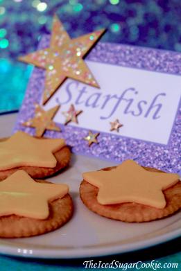 Mermaid Starfish Under The Sea Birthday Party Baby Shower Cheese Stars On Ritz Crackers Purple Starfish Food Label Tent Card With Wooden Stars hot glued with painted on glitter