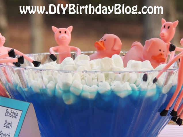 Piggy Bubble Bath Punch Idea for a Piggy Bubble Bath Birthday Party by Free Birthday Party Printables- Pigs In Blue Punch With Marshmallows