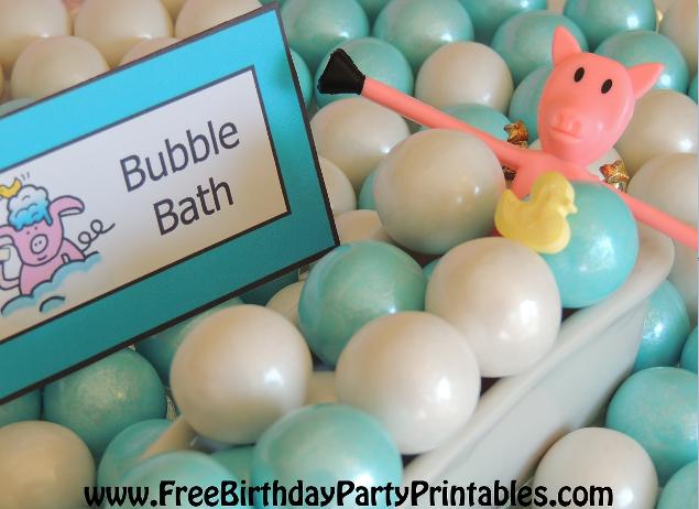 Piggy Bubble Bath Birthday Party- Free Birthday Party Printables- DIY Birthday Blog- Piggy Taking Bubble Bath In Bathtub of Gumballs