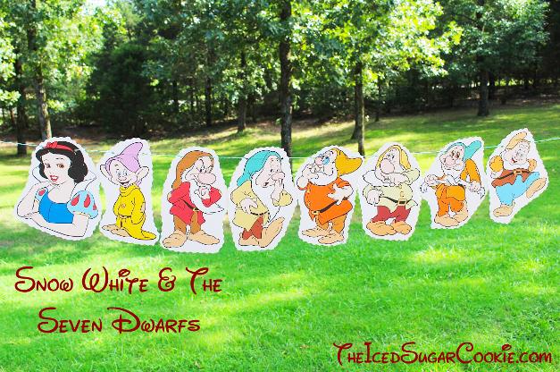 Snow White and The Seven Dwarfs Diy Birthday party banner ideas-Dopey, Grumpy, Sleepy, Doc, Sneezy, Bashful, Happy
