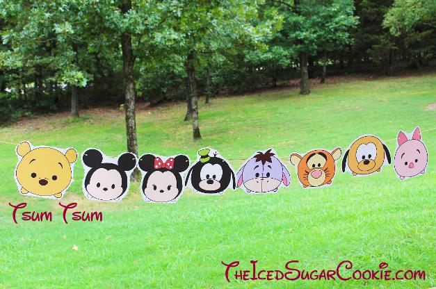 Tsum Tsum Birthday Party Banner DIY Ideas- Pooh Bear, Mickey Mouse, Minnie Mouse, Pluto, Eeyore, Tiger, Goofy, Piglet