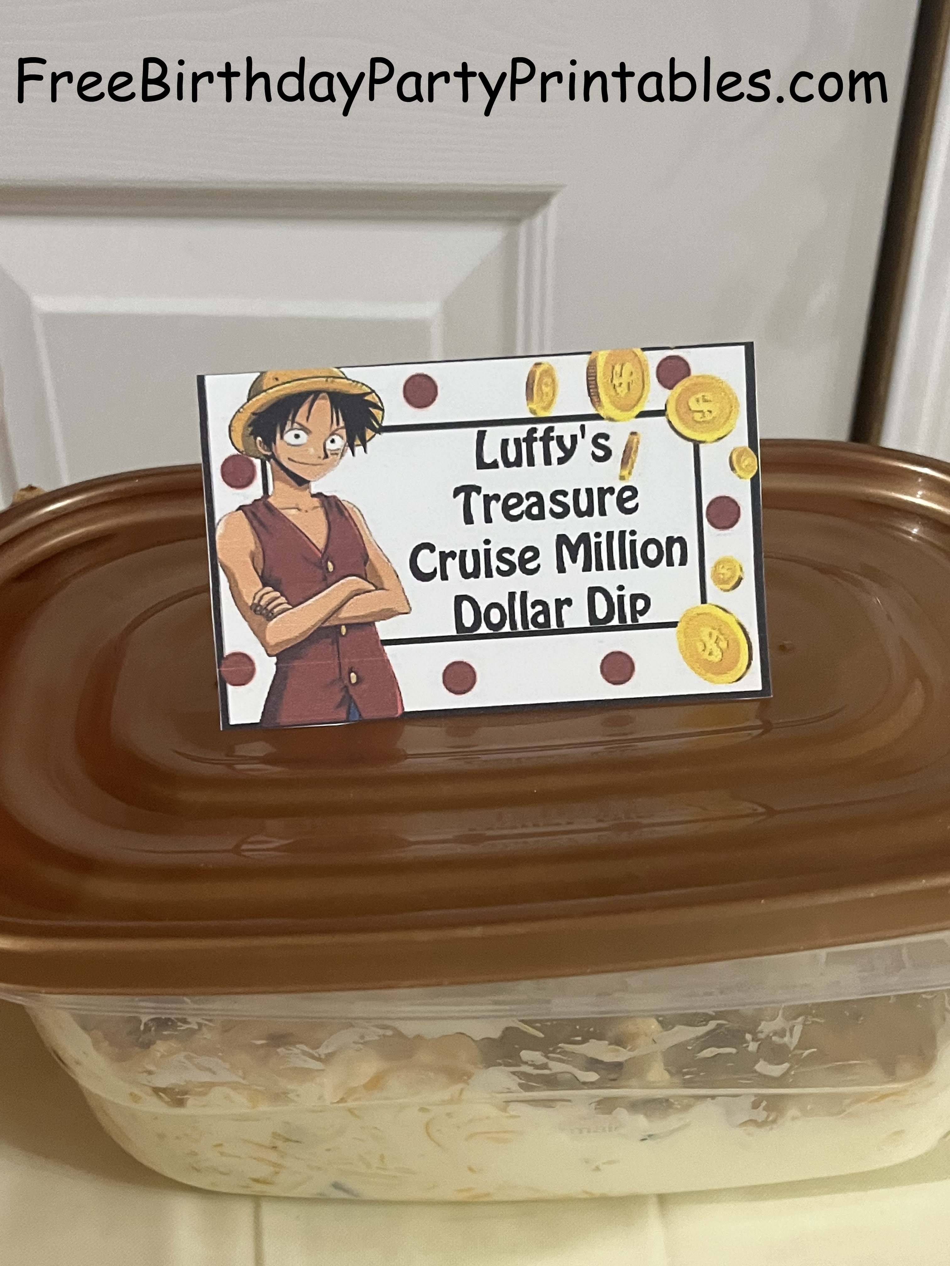 One Piece Birthday Party Printables Free Food Cards Luffy's Treasure Cruise Million Dollar Dip